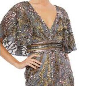 Mac Duggal Sequin Maxi Dress in Gray and Gold